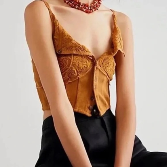 Free People Have My Heart Cropped Tank Top Brown Spice Size Small Corset Boho - Picture 1 of 8